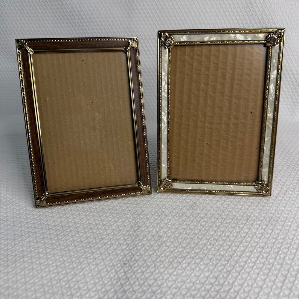 Vintage Style Ornate Gold Tone Photo Frames Set of 2 Wood Grain and Pearl Finish
